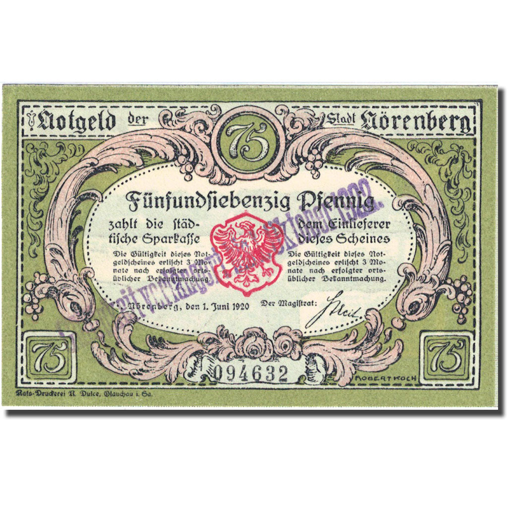 Banknote, Germany, Nörenberg, 75 Pfennig, paysage, 1920 UNC(63) Mehl 979.5a