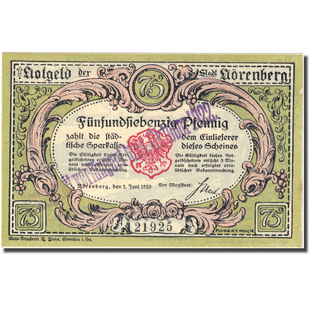 Banknote, Germany Nörenberg Stadt 75 Pfennig paysage 1, 1920 UNC(63) Mehl 979.5a