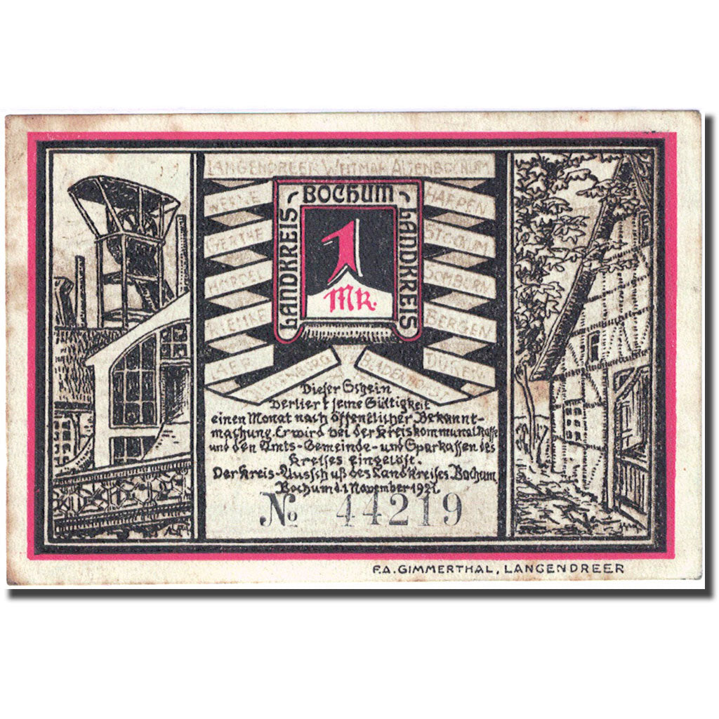 Geldschein, Deutschland, Bochum, 1 Mark, mineurs 5, 1921-11-01 SS+ Mehl 127.1a