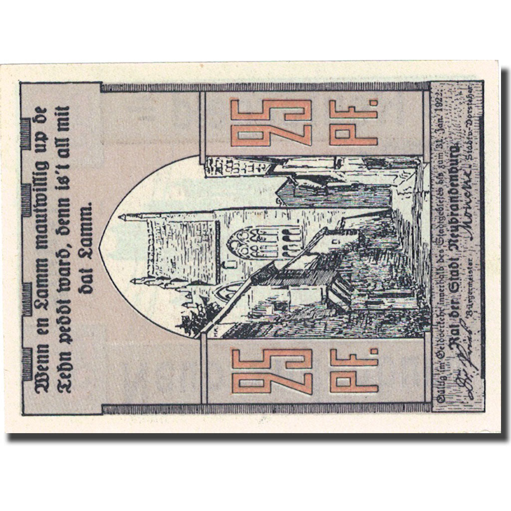 Banknote, Germany, neubrandenburg, 25 Pfennig, Eglise, 1922 UNC(63) Mehl 935.1