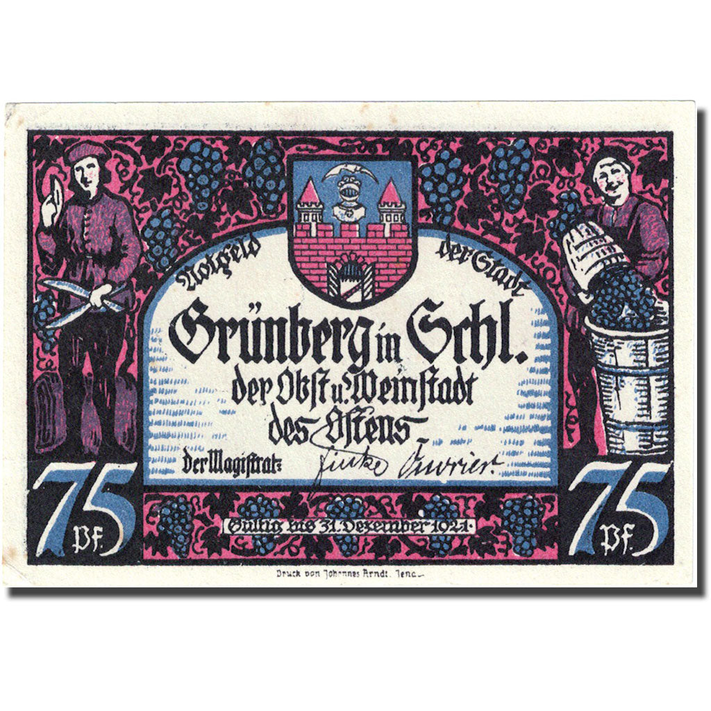 Banknote, Germany, Grünberg, 75 Pfennig, personnage, 1921 UNC(63) Mehl 489.3