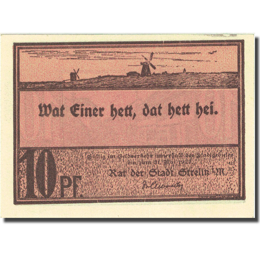 Banknote, Germany, Strelitz, 10 Pfennig, moulin, 1922 UNC(63) Mehl 1283.1