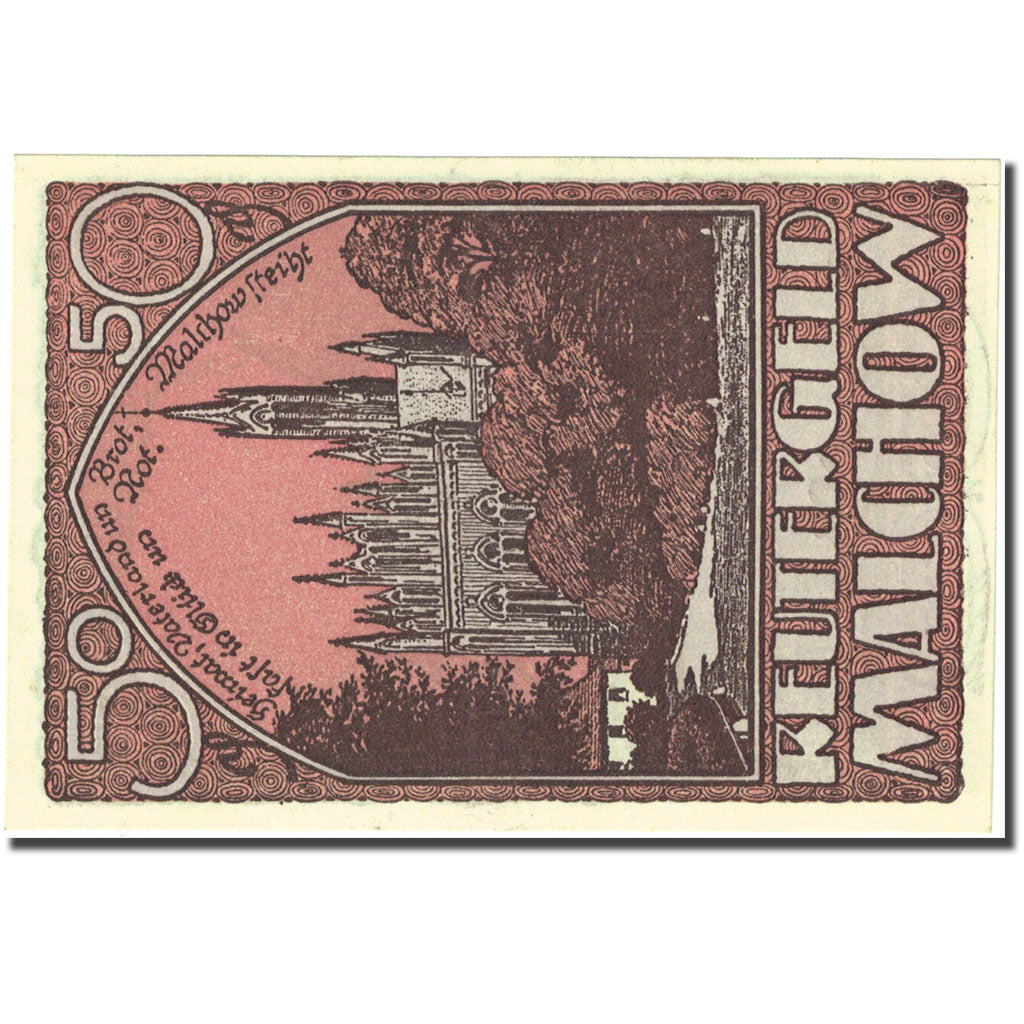 Banknote, Germany, malchow, 50 Pfennig, cathédrale, 1922 UNC(63) Mehl 863.2c