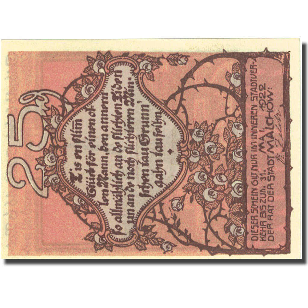 Banknote, Germany, malchow, 25 Pfennig, Eglise 1922-05-31 UNC(63) Mehl 863.2c
