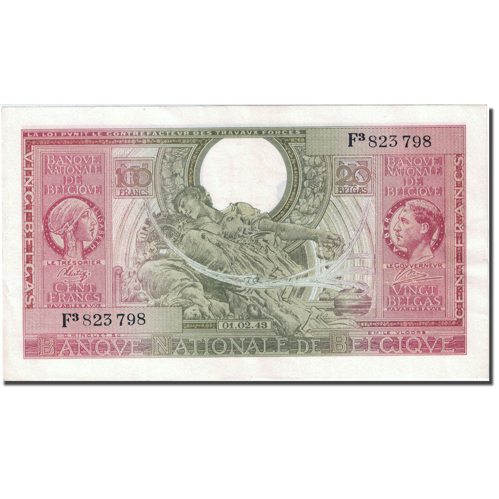 Banknote, Belgium, 100 Francs-20 Belgas, 1943, 1943-02-01, KM:123, AU(55-58)
