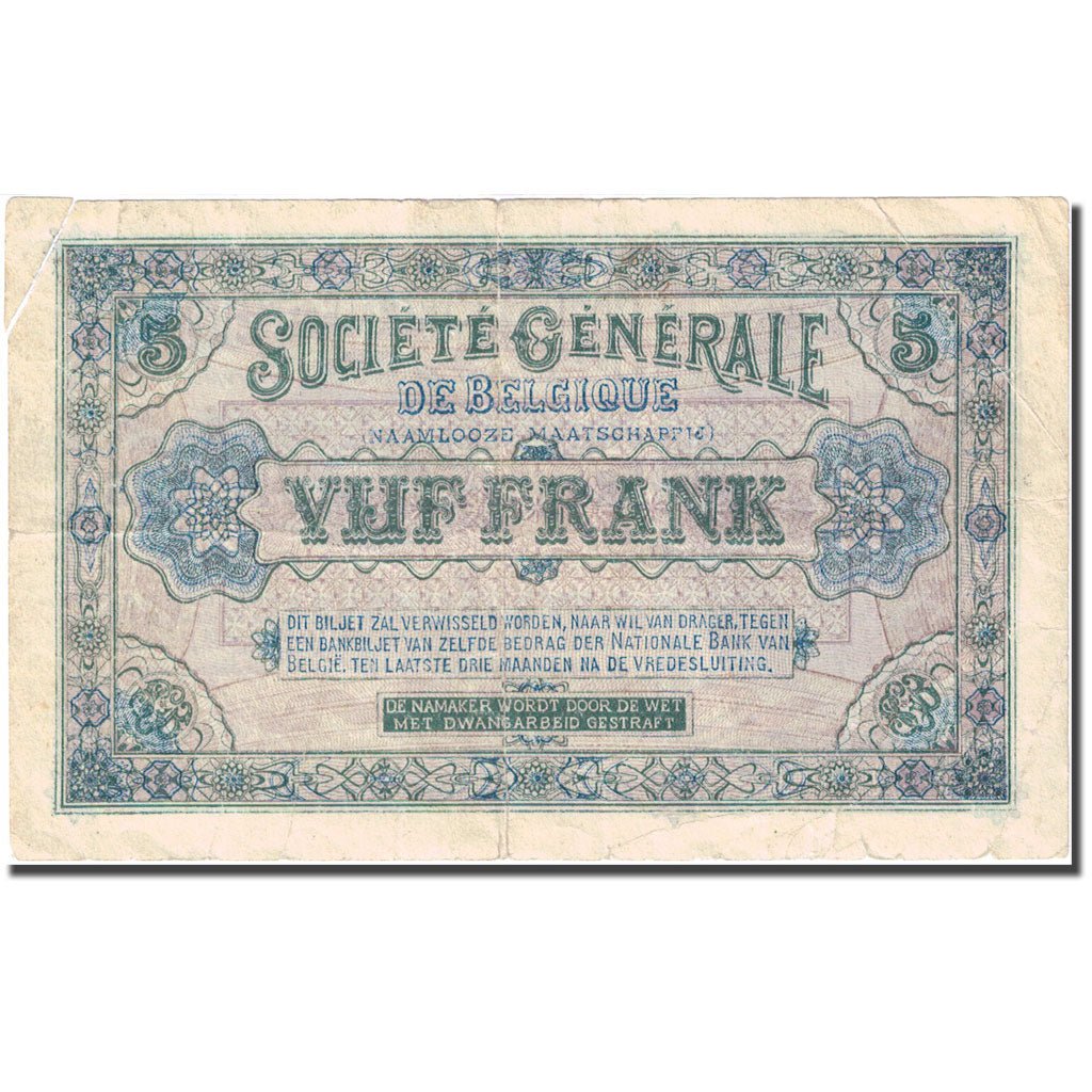 Banknote, Belgium, 5 Francs, 1915, 1915-01-06, KM:88, VF(30-35)