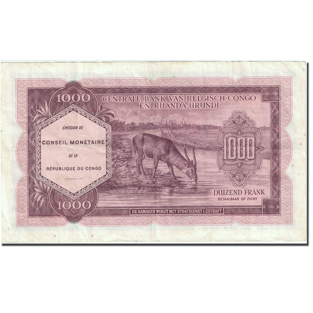Banknote, Belgian Congo, 1000 Francs, 1962, 1962-02-15, KM:29a, AU(50-53)