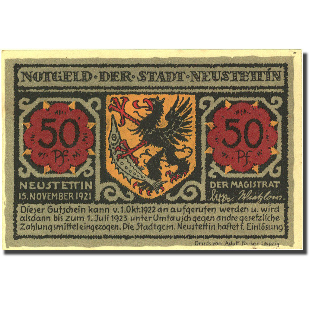 Banknote, Germany, Neustettin, 50 Pfennig Monument 1921-11-15 UNC(63) Mehl 968.1