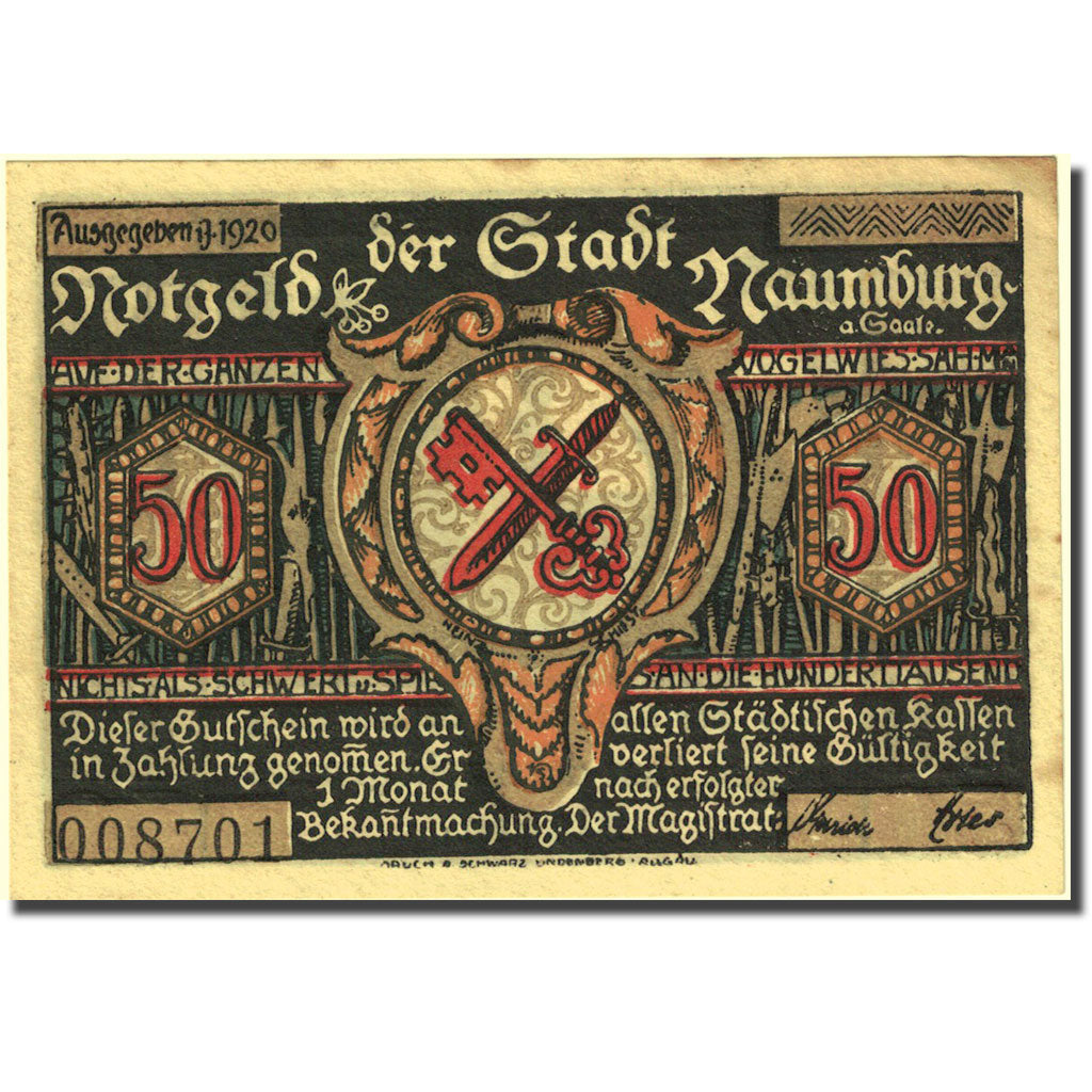 Geldschein, Deutschland, Naumburg, 50 Pfennig, statue, 1920, VZ, Mehl:928.2a