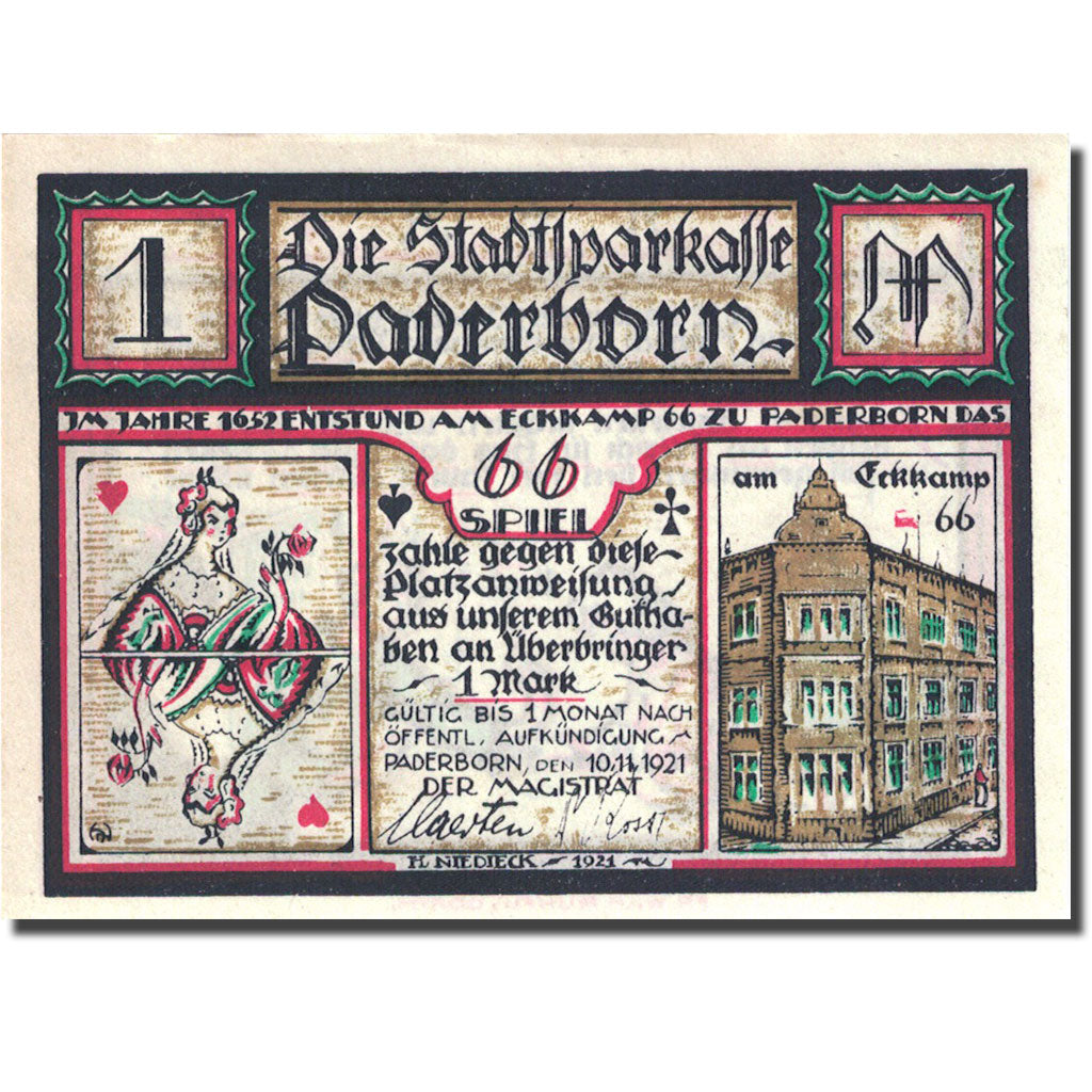 Banknote, Germany, Paderborn 1 Mark personnage 2, 1921-11-10 UNC(63) Mehl 1043.2