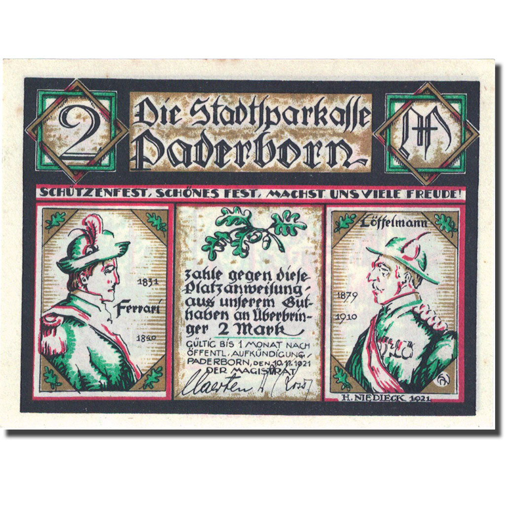 Billet, Allemagne, Paderborn, 2 Mark, personnage 3, 1921-11-10 SPL Mehl 1043.2
