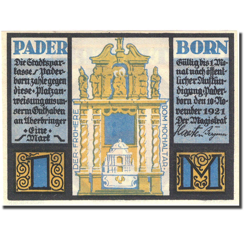 Banknote, Albania, Paderborn, 1 Mark, Monument, 1921, 1921-11-10, UNC(63)
