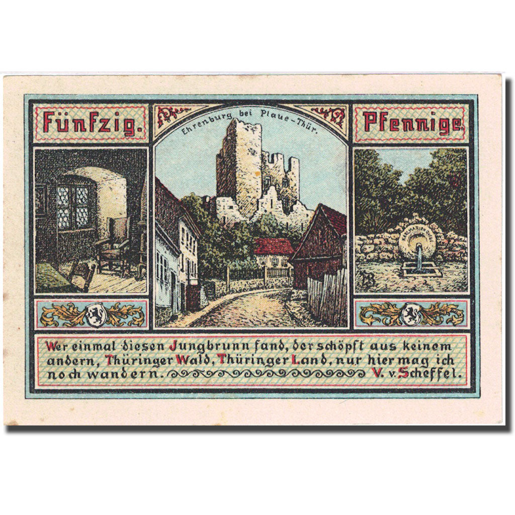 Banknote, Germany, Plaue Thür, 50 Pfennig, château, 1921 UNC(63) Mehl 1062.1