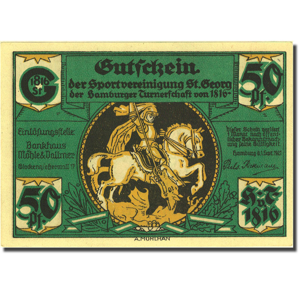 Banknote, Germany, Hamburg, 50 Pfennig, personnage, 1921 UNC(63) Mehl 552.1