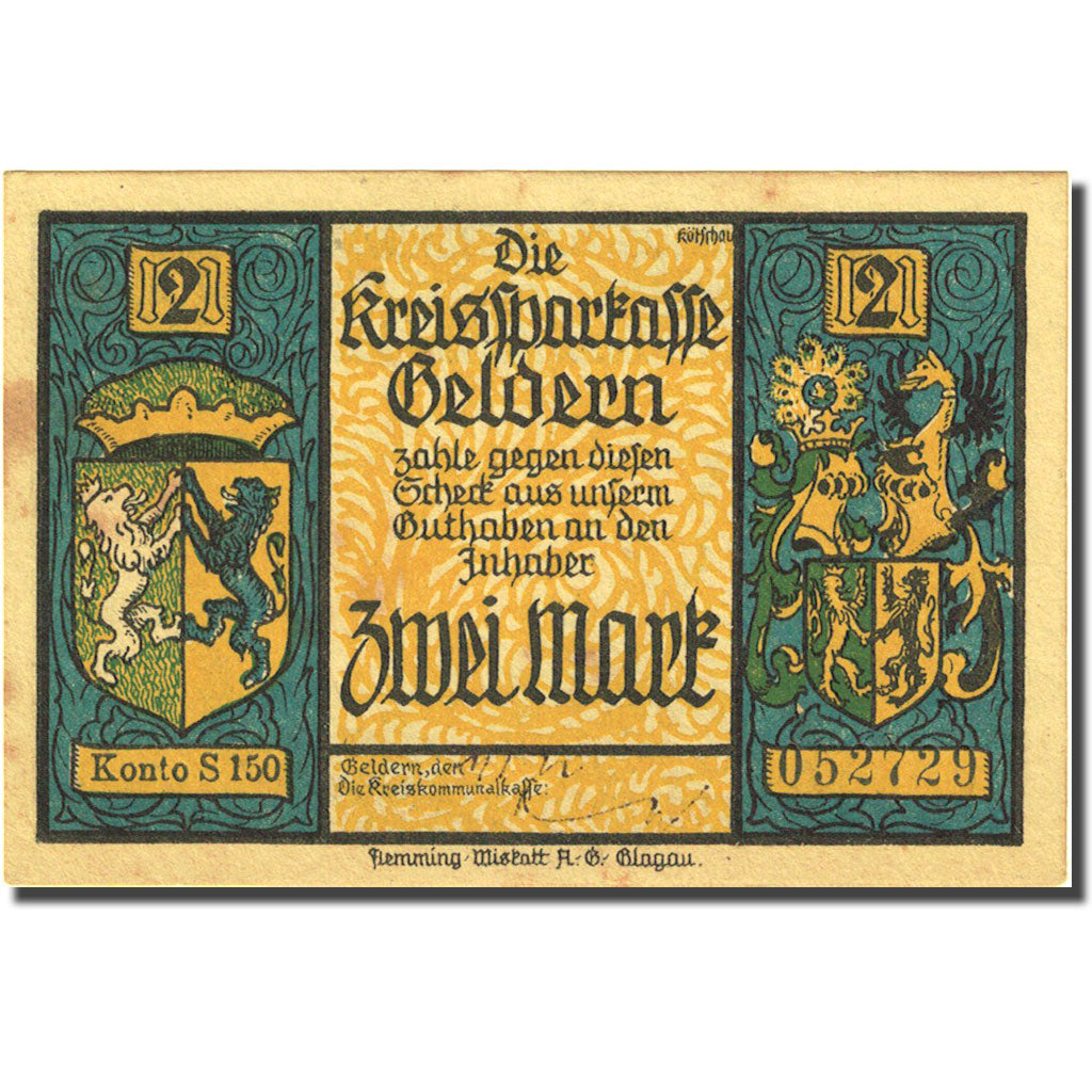 Banknote, Germany, Geldern, 2 Mark, Dragon 1, 1922, AU(55-58), Mehl:414.1