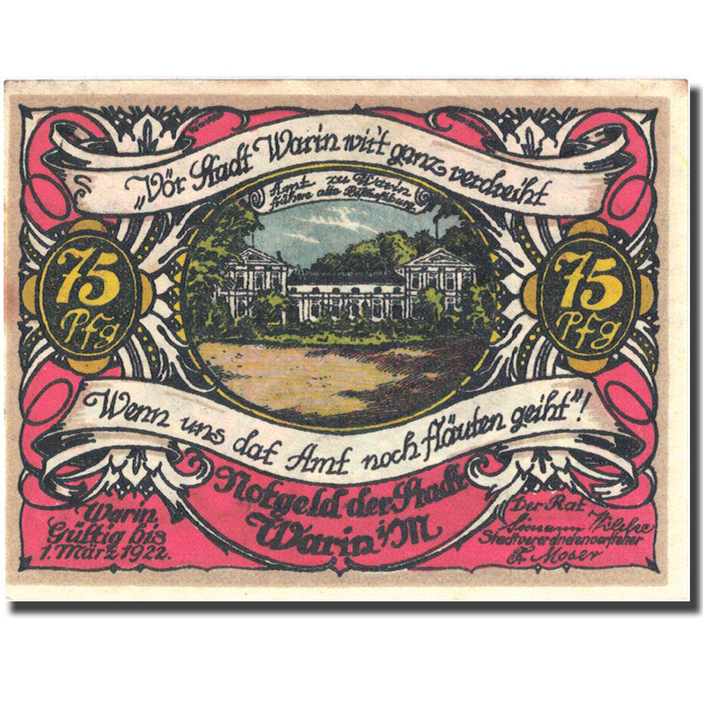 Banknote, Germany, Warin, 75 Pfennig, Blason 2, 1922 UNC(63) Mehl 1378.1a