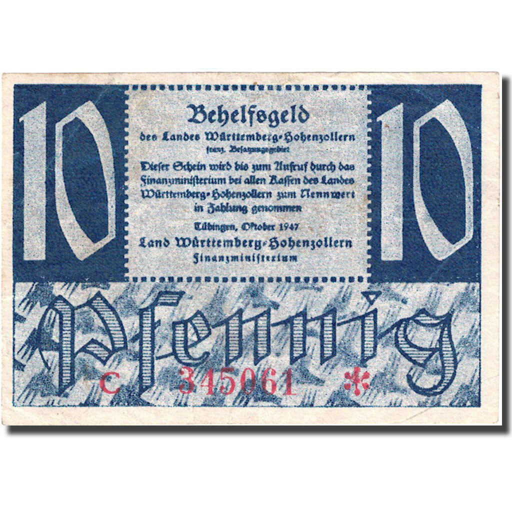 Banknote, Germany, Württemberg, 10 Pfennig, château 1947 EF(40-45) Mehl:WTB 43b
