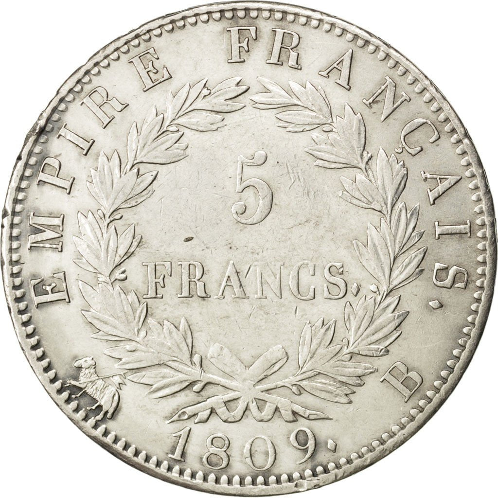 Francia, Napoléon I, 5 Francs, 1809, Rouen, SPL-, Argento, KM:694.2, Gadoury...