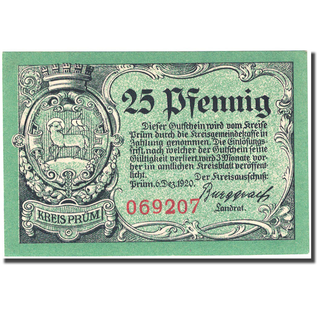 Banconote, Germania, Kreis Prüm, 25 Pfennig, ruine, 1920 SPL Mehl P40.1a