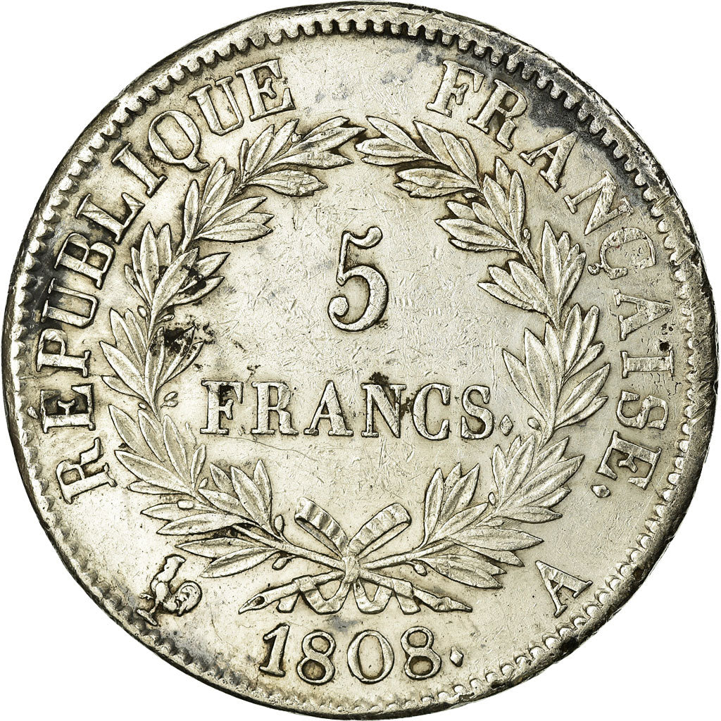 Moneda, Francia, Napoléon I, 5 Francs, 1808, Paris, MBC+, Plata, KM:686.1