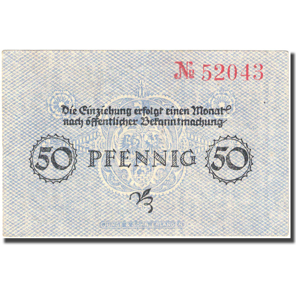 Billet, Allemagne, Erlangen, 50 Pfennig, valeur faciale, 1918 TTB Mehl E25.1c
