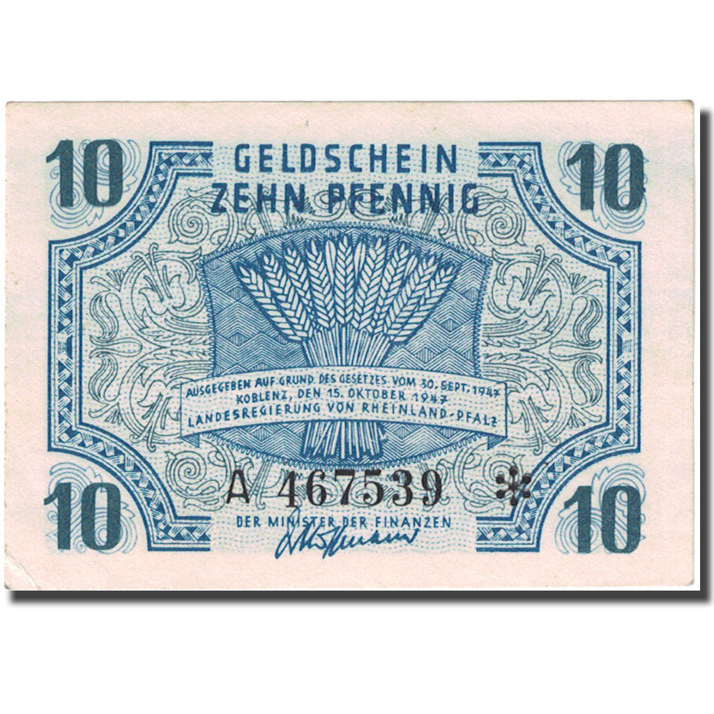 Banconote, Germania, Coblenz, 10 Pfennig, château, 1947-10-15, SPL Mehl RPF 2