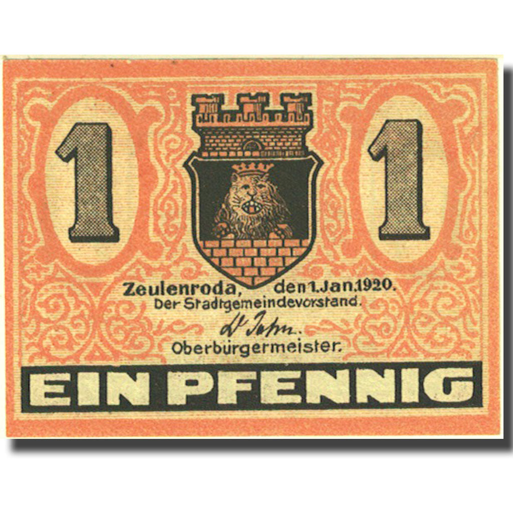 Banknote, Germany, Zeulenroda, 1 Pfennig, château, 1920 UNC(63) Mehl Z8.8a