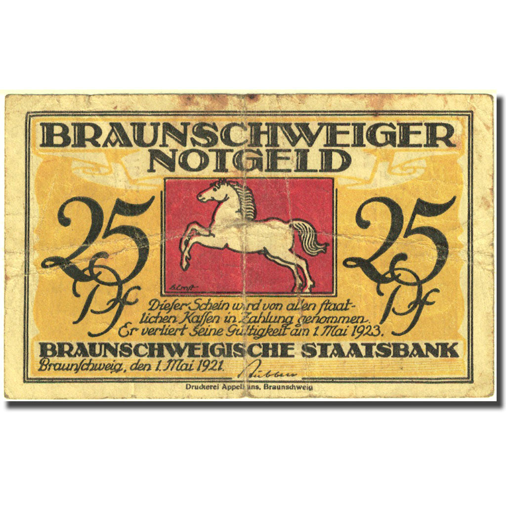 Banknote Germany Braunschweig 25 Pfennig Monument, 1921 VF(20-25) Mehl BRS 28a