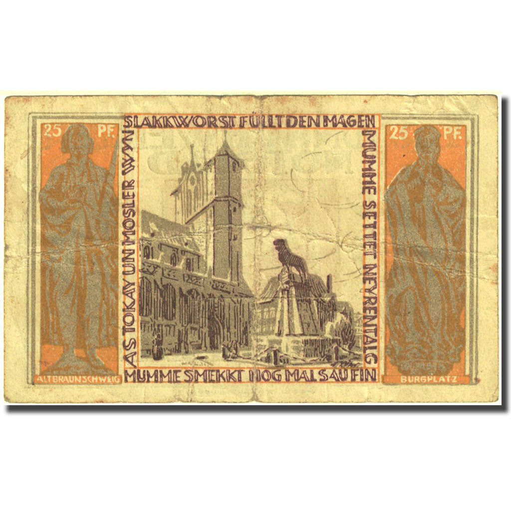 Banknote Germany Braunschweig 25 Pfennig Monument, 1921 VF(20-25) Mehl BRS 28a
