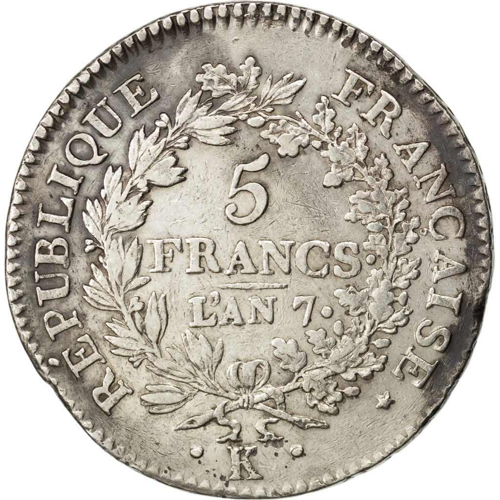 Coin, France, Union et Force, 5 Francs, 1798, Bordeaux, AU(50-53), Silver