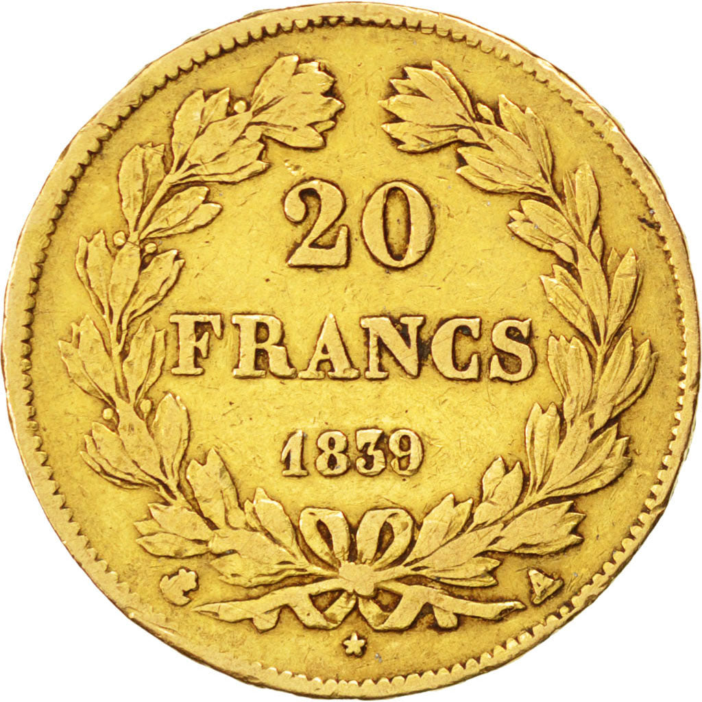 FRANCE, Louis-Philippe, 20 Francs, 1839, Paris, KM #750.1, VF(20-25), Gold,...