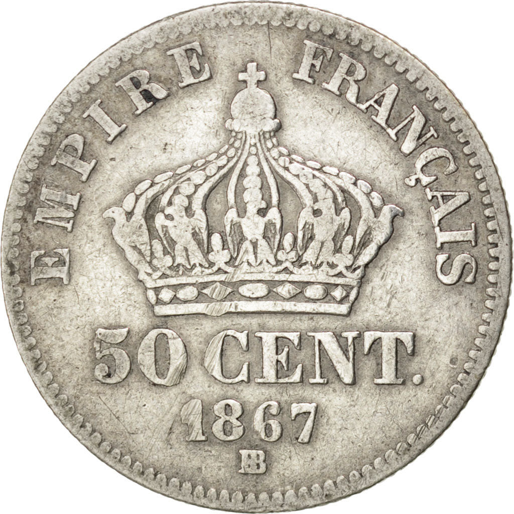 FRANCE, Napoléon III, 50 Centimes, 1867, Strasbourg, KM #814.2, VF(20-25), S...