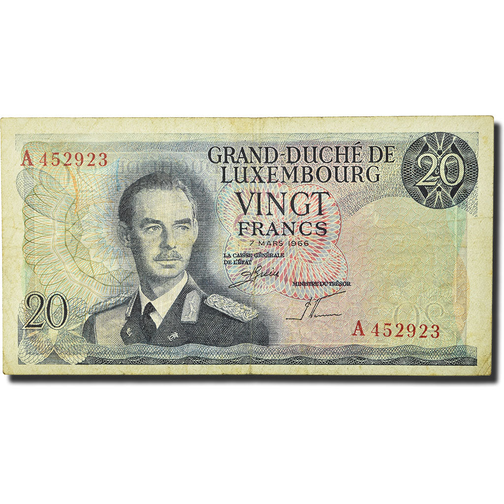 Banknote, Luxembourg, 20 Francs, 1966-1972, 1966-03-07, KM:54a, VF(20-25)