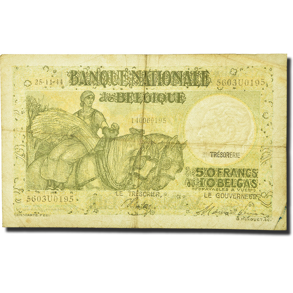 Banknot, Belgia, 50 Francs-10 Belgas, 1933-1935, 1944-11-25, KM:106, VF(20-25)