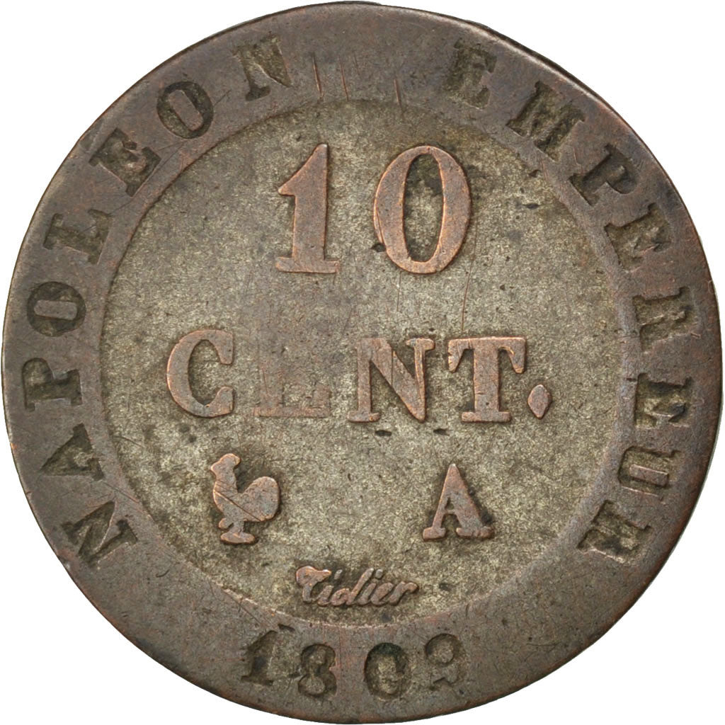 FRANCE, Napoléon I, 10 Centimes, 1809, Paris, KM #676.1, VF(20-25), Billon, G...