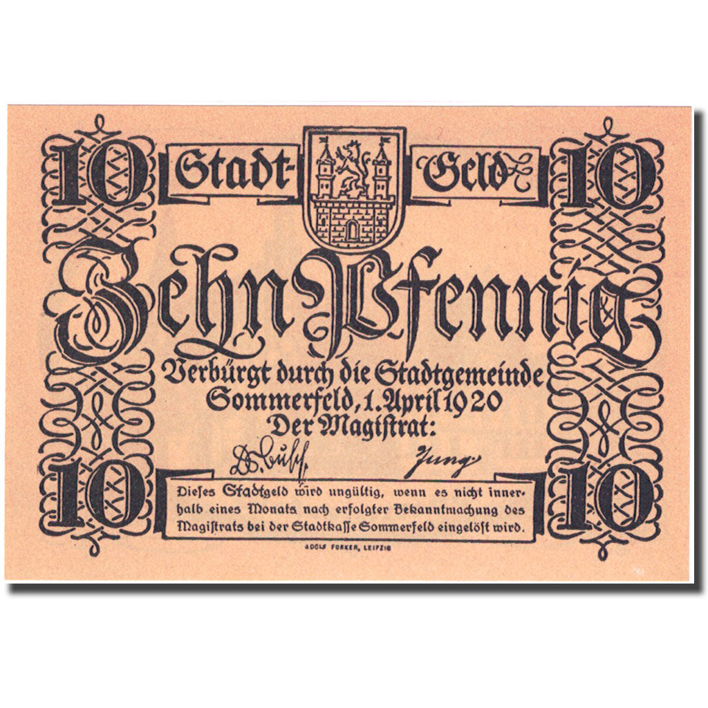 Banknote, Germany, Sommerfeld, 10 Pfennig, mairie 1920-04-01 UNC(63) Mehl 585.6