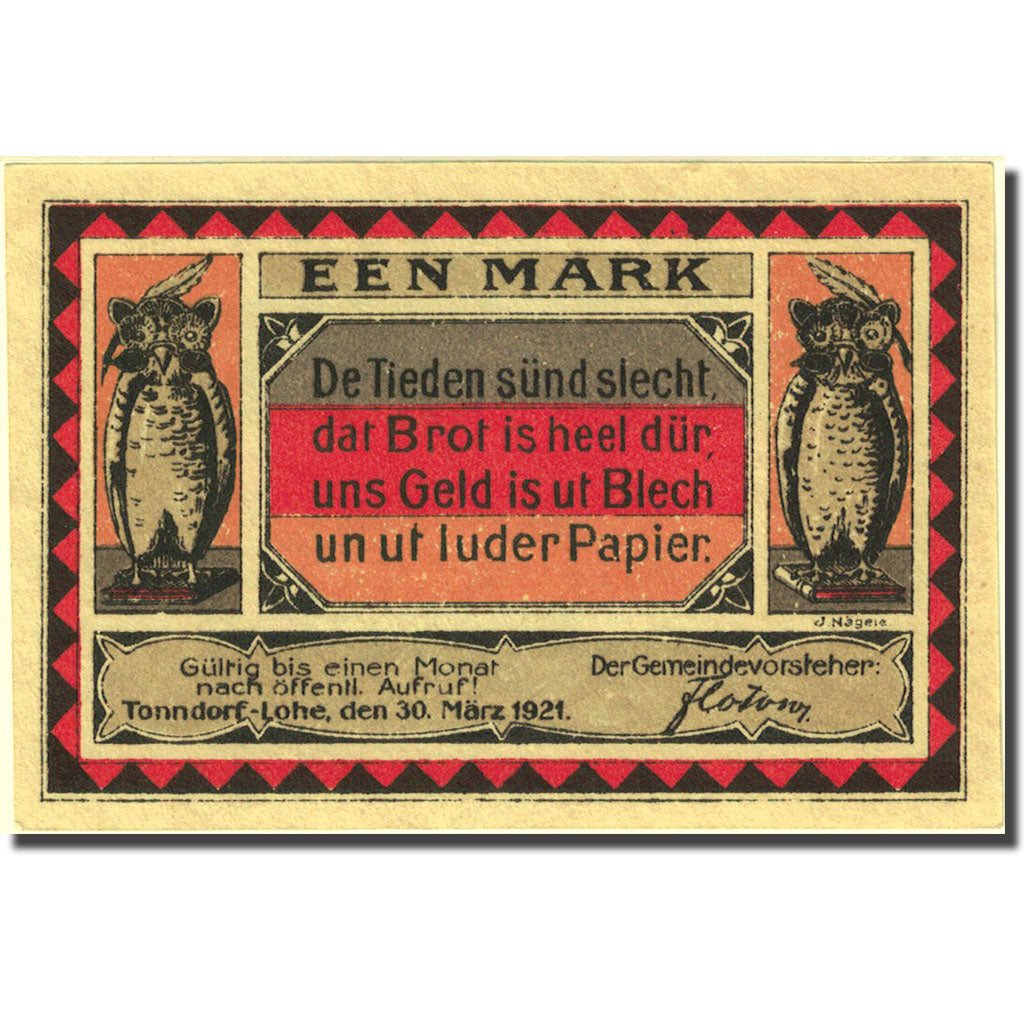 Banknote, Germany, 1 Mark, hibou, 1921, 1921-03-30, UNC(63), Mehl:1330.1a