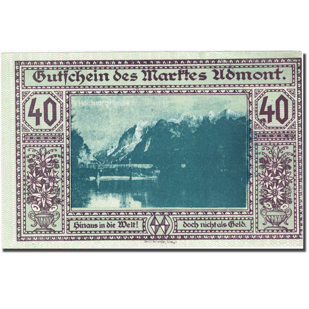 Banknote, Austria, Admont, 40 Heller, montagne, 1920, UNC(60-62), Mehl:FSb6