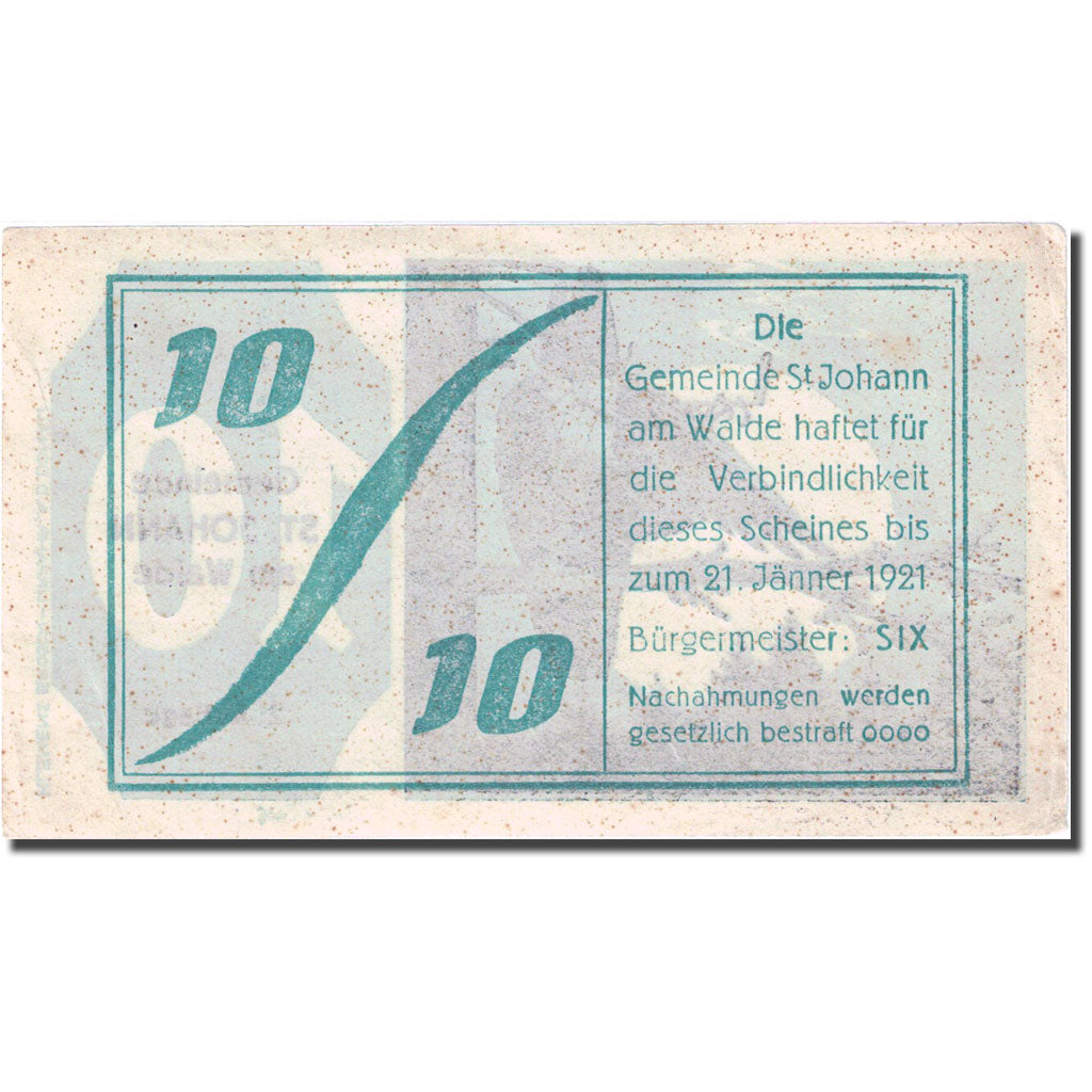 Geldschein, Österreich, St Johann am Walde, 10 Heller hibou 1921 VZ+ Mehl FS893b