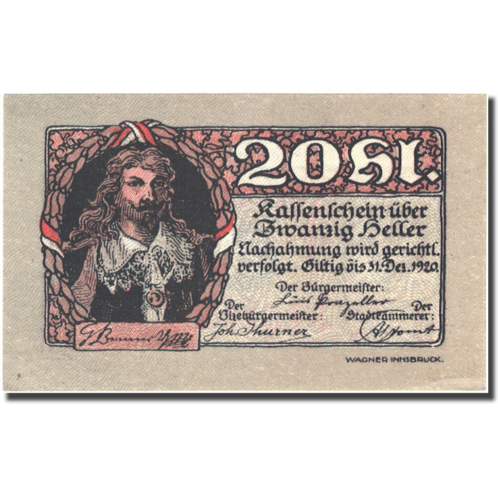 Banknote, Austria, Rattenberg, 20 Heller, personnage, 1920 UNC(60-62) FS 821 I