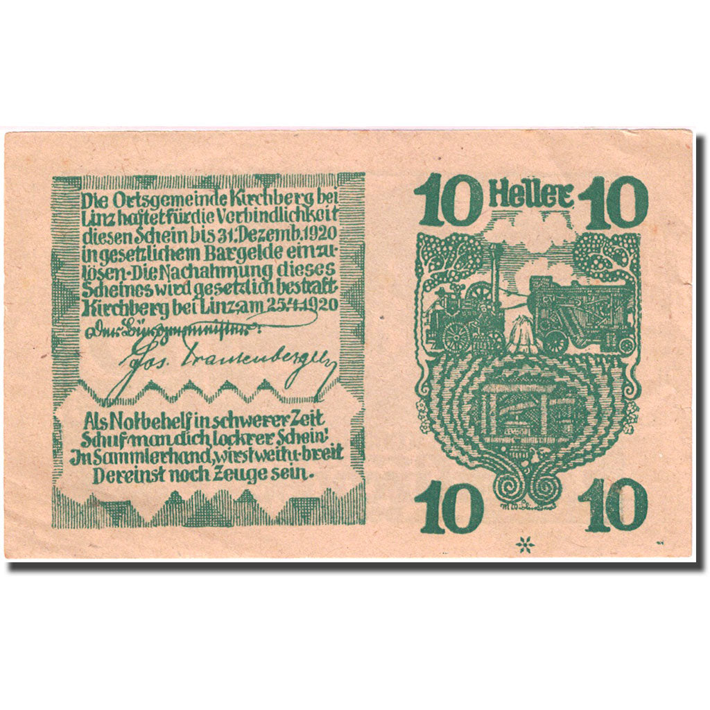 Banknote, Austria, Kirchberg bei Linz, 10 Heller, cheval, 1920 AU(55-58) FS 443d