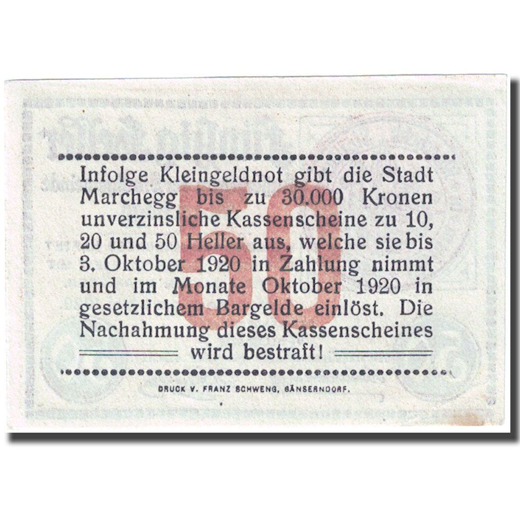 Banknote, Austria, Marchegg, 50 Heller, dragon 1920-10-31 UNC(63) FS 580a1