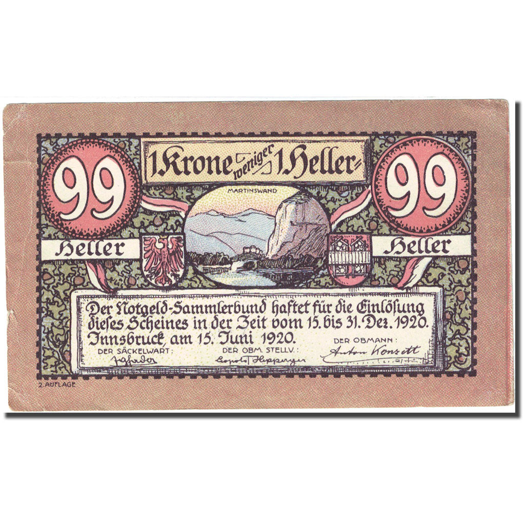 Billet, Autriche, Innsbruck, 99 Heller, Blason 1920-12-31, TTB, Mehl:FS 412Ia