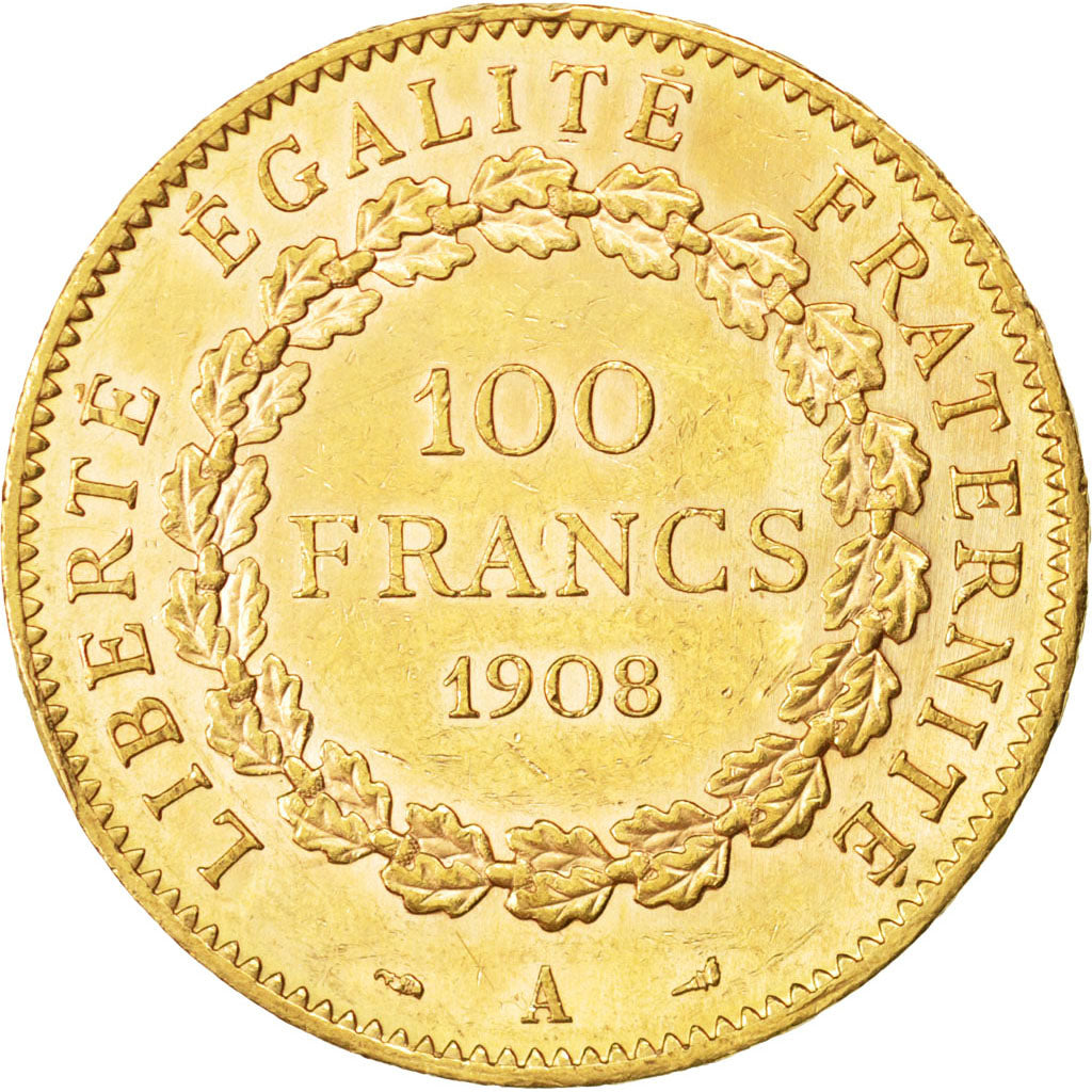 FRANCE, 100 Francs, 1908, Paris, KM #858, AU(55-58), Gold, Gadoury #1137a, 32.28