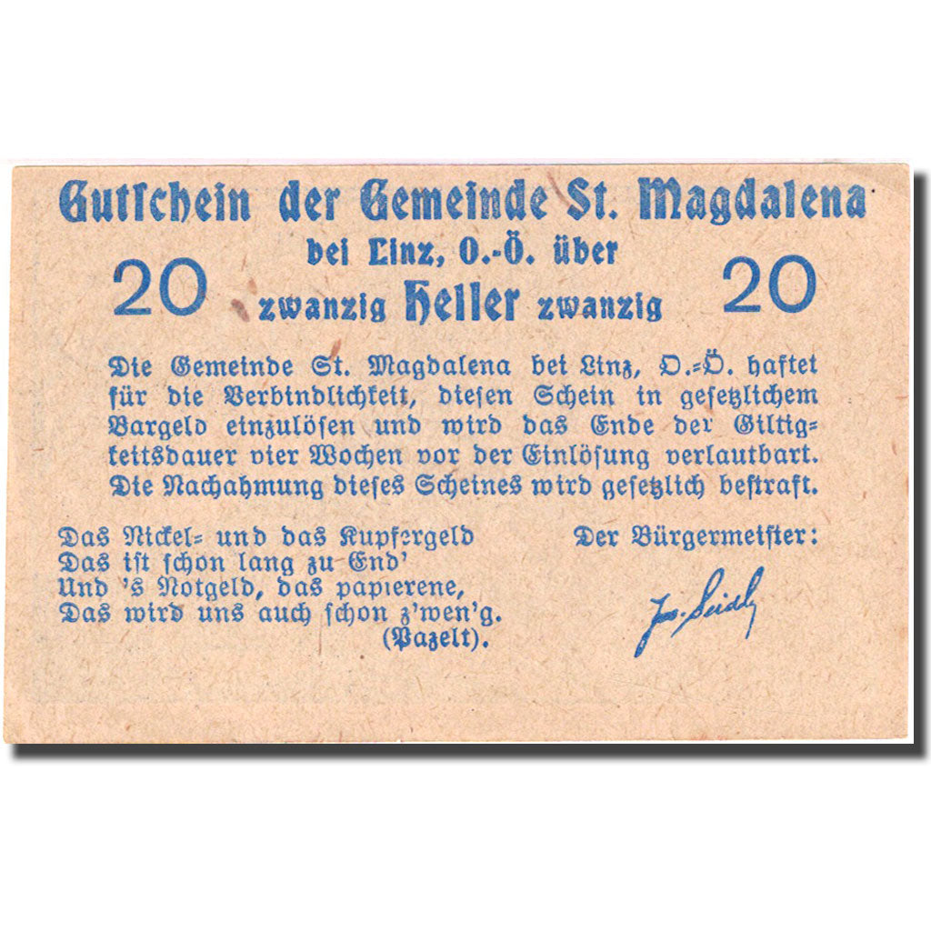 Banconote, Austria, St Magdalena, 20 Heller village 1920-12-31 SPL Mehl: FS 906a