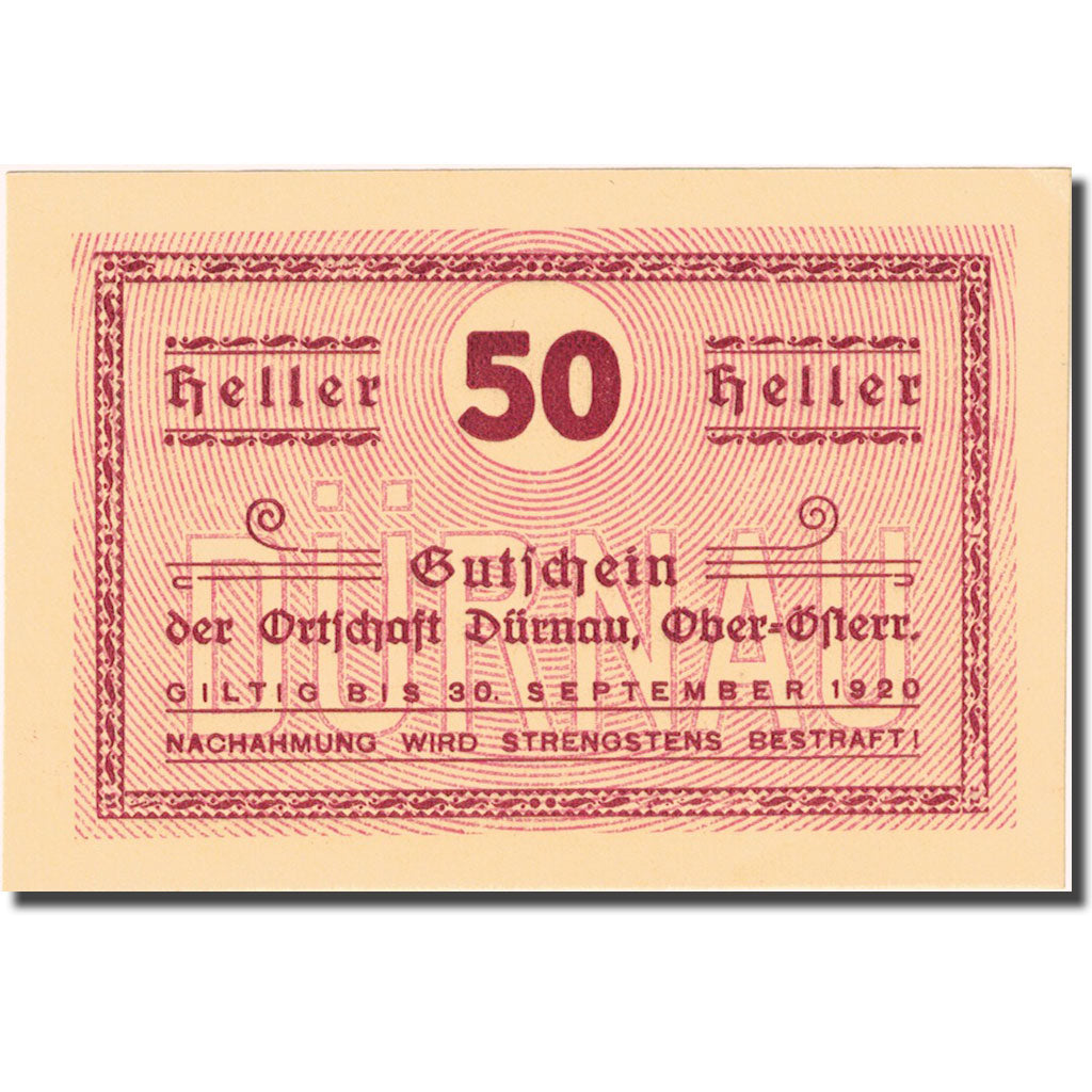 Geldschein, Österreich, Durnau, 50 Heller, valeur faciale, 1920 UNZ Mehl:FS 137b