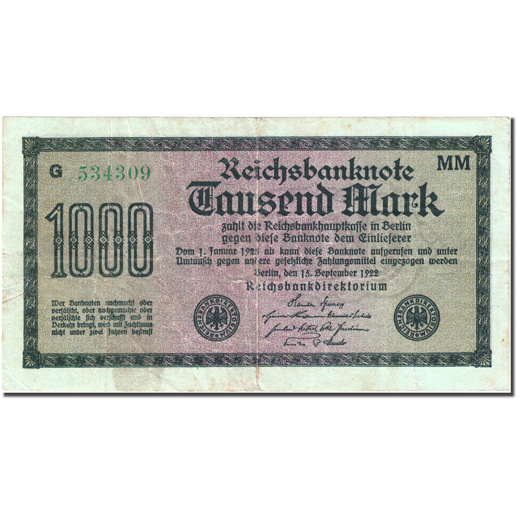 Banknote, Germany, 1000 Mark, 1922, 1922-09-15, KM:76g, VF(20-25)