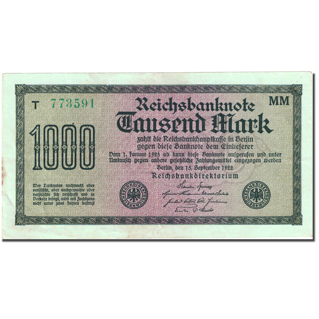 Banknote, Germany, 1000 Mark, 1922, 1922-09-15, KM:76g, AU(50-53)