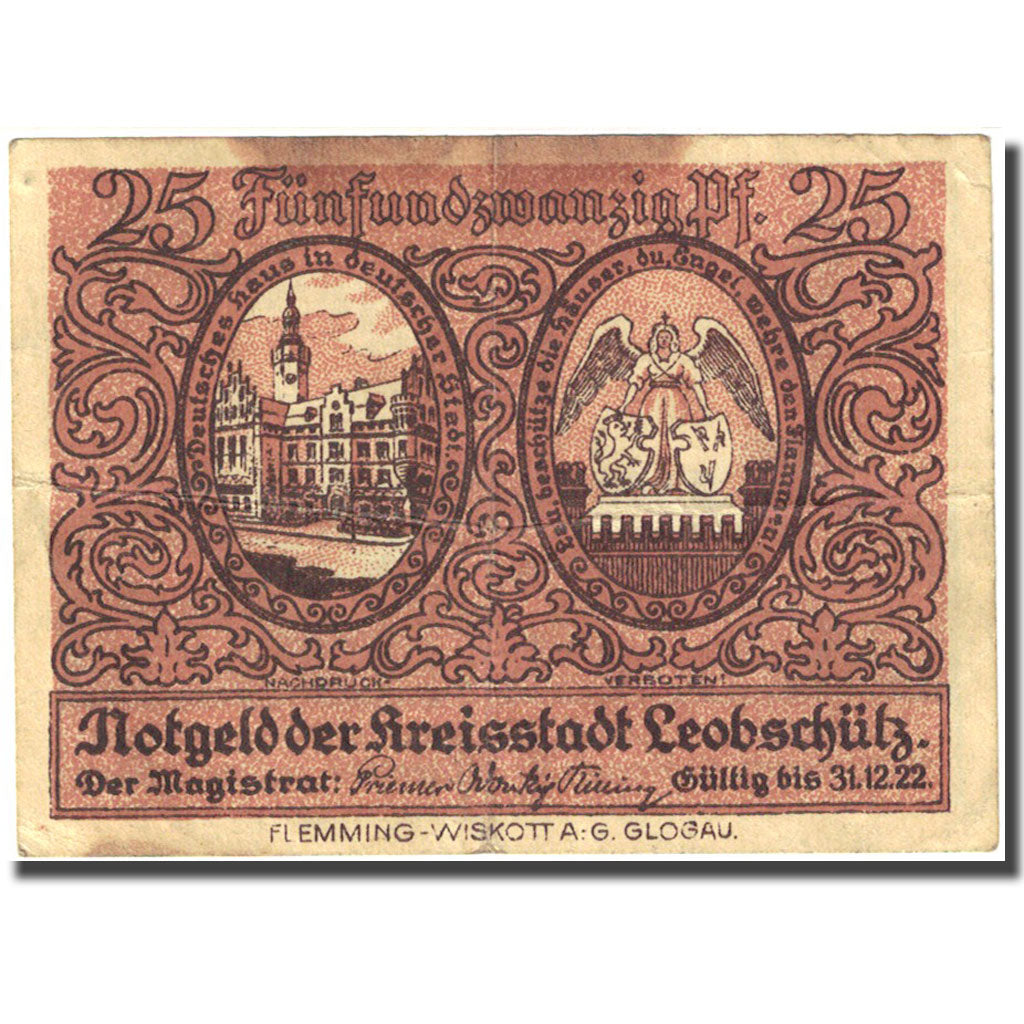 Banknote, Germany, Leobschutz, 25 Pfennig, château, 1922 VF(20-25) Mehl:793.1a