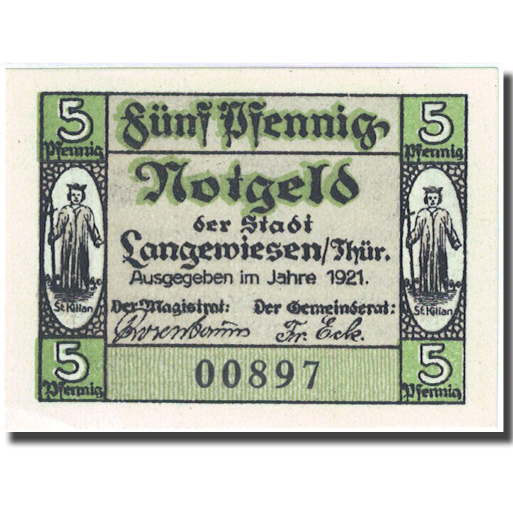 Banconote, Germania, Langewiesen, 5 Pfennig, personnage, 1921, SPL, Mehl:772.1b